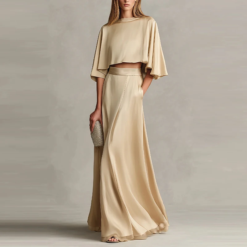 

Spring Summer Solid Color Women's Two Piece Casual O-neck Short Sleeved Top and Long Skirt Set 2026 Fashion Holiday Loose Suit
