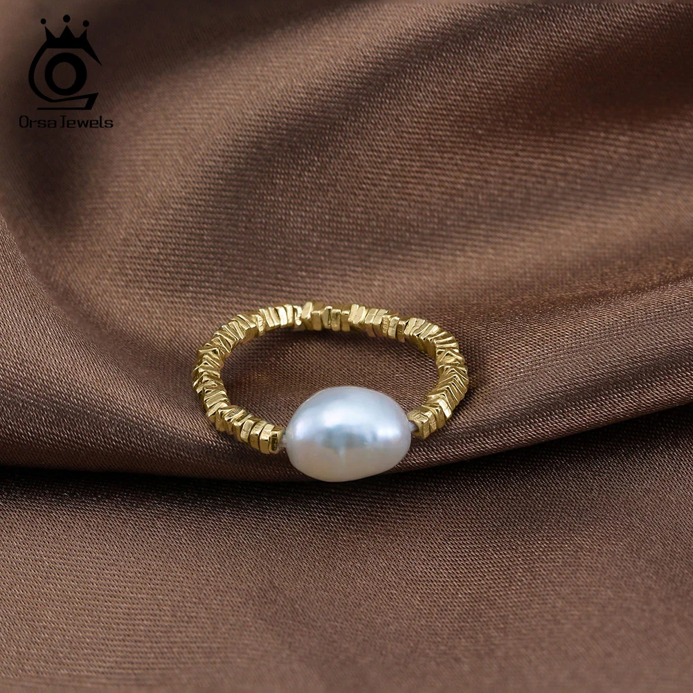 ORSA JEWELS Elegant 925 Sterling Silver 8mm Natural Freshwater Pearl Rings Adjustable 14K Gold Nugget Chain Ring for Women GPR21