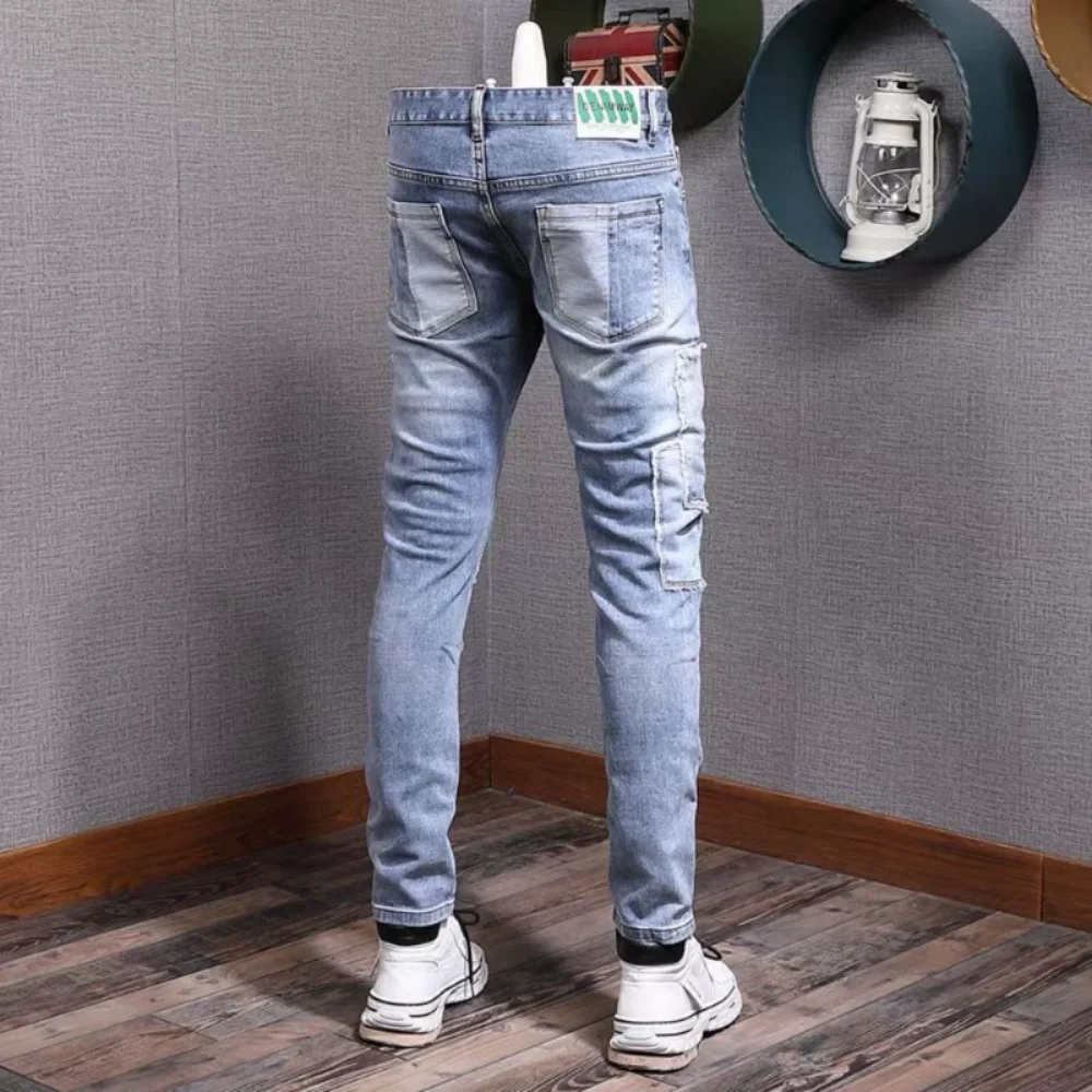 2023 Brand Clothing Biker Jeans Men Streetwear Long Slim Denim Pant Skinny Mid Waist Slight Elastic Cotton Trousers Male