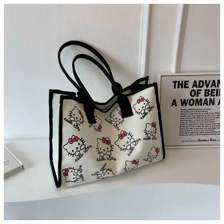 Hello Kitty Handheld Tote Bag Cartoon Printed KT Cat Shoulder Bag Canvas Large Capacity Commuter Bag For Women Travel FB11L