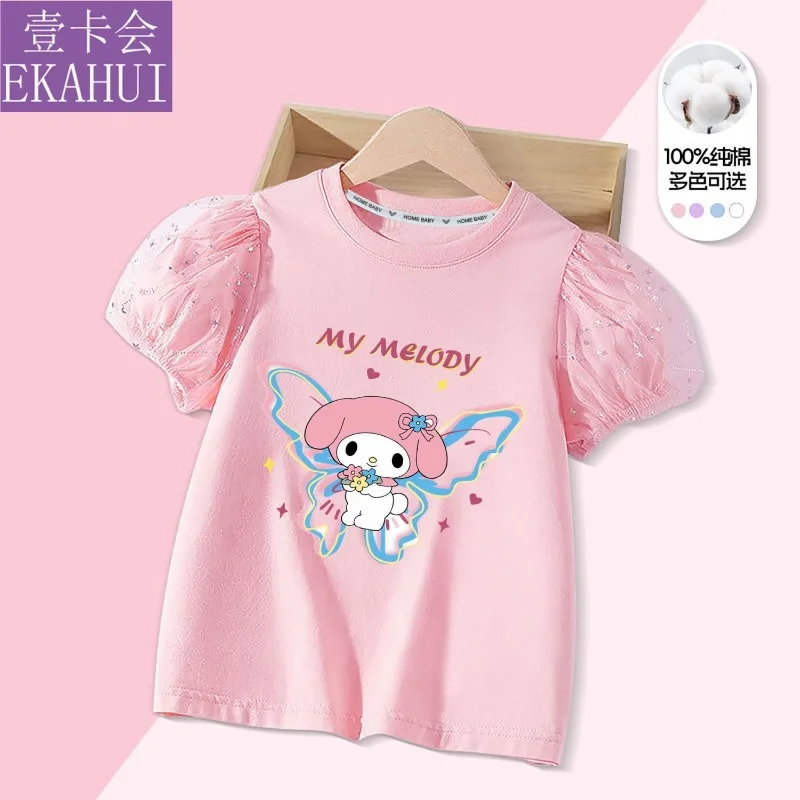 

2025 Cinnamoroll My Melody Anime Kawaii Sanrio Ins Cotton Short Sleeved Shirt Cute Kuromi Children Hoodie Clothing Gifts Toys