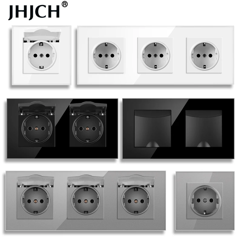 JHJCH wall mounted glass panel 16A power socket, EU standard multiple plugs, with waterproof cover and waterproof