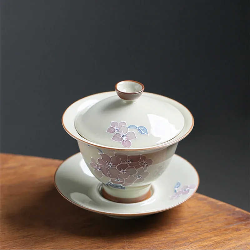 100ml Hand-painted Hydrangea Flowers Ceramic Tea Tureen Covered Bowl Handmade Gaiwan Teacup Household Tea Bowl Chinese Teaware