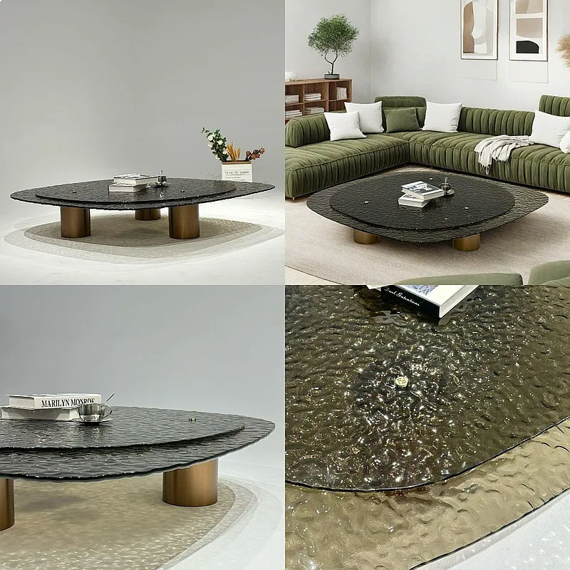 Italian Minimalist Irregular Coffee Table 2026 Villa Shaped Water Ripple Glass Luxury Tea Color New Double Layer