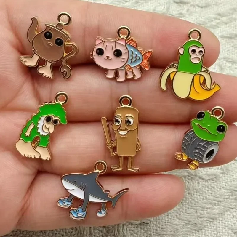 10Pcs Weird Funny Alloy Pendants, Abstract Wooden Stick People, Shark & Exotic Beast Charms, Handmade DIY Accessories