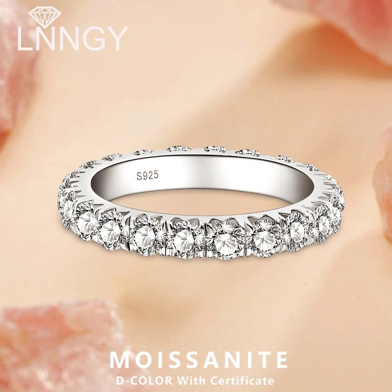 

Lnngy 3MM Micro Inlaid Moissanite Ring for Women Couples 925 Sterling Silver Eternity Wedding Rings Classic Fine Jewelry Gifts