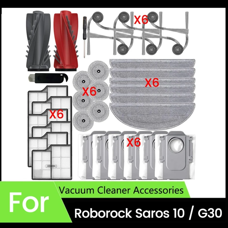 34PCS Replacement Kit For Roborock Saros 10 / G30 Robot Vacuum Cleaner Main Side Brush HEPA Filters Mop Cloths Dust Bags