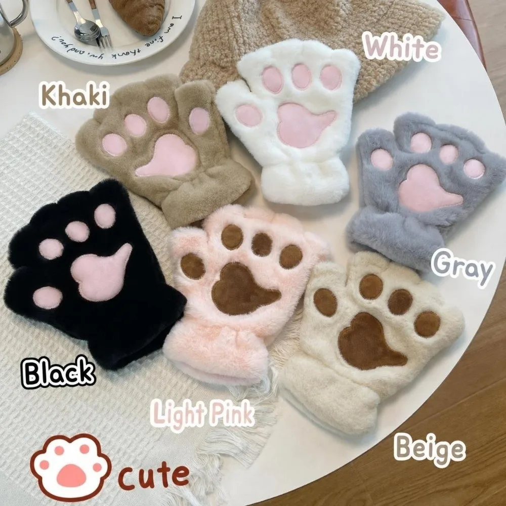 Cozy Polyester Fleece Lined Fingerless Gloves Warm Lined Cold Proof Cartoon Cat Gloves Paw Gloves For Women
