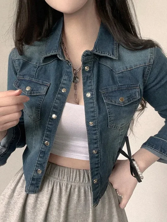 

Retro Hong Kong Sle Women's Denim irt ort Coat Long Sve Turn-down Collar Faion Design Small Size Single Button