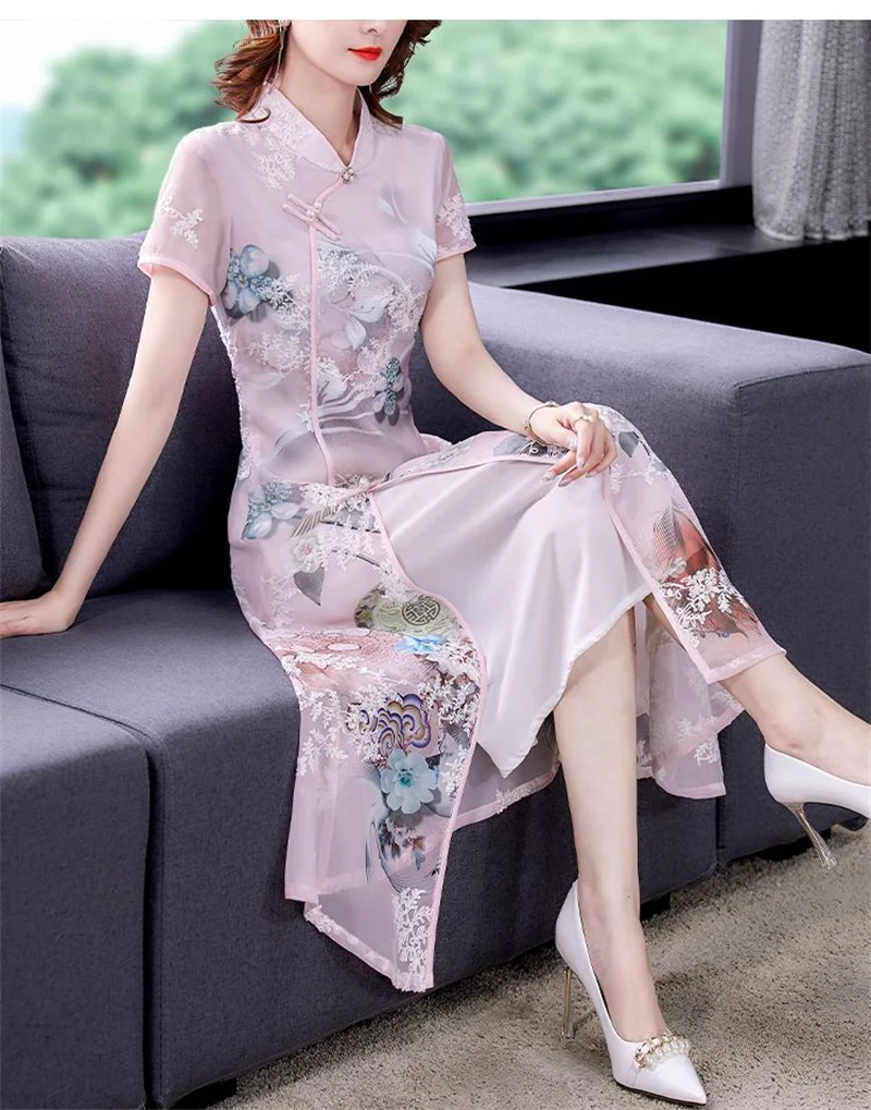 

2023 Summer New Short Sleeve Middle Age Embroidery Lmproved Cheongsam Dress Temperament Reduced Age Mom High Dress Chinese Style