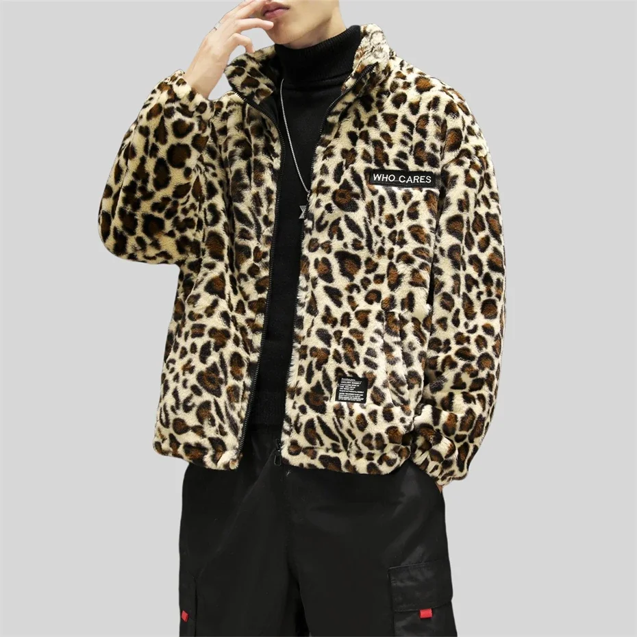 Leopard Print Thick Jackets Mens Streetwear Hip Hop Y2k Hooded Coats Men Harajuku Vintage Loose Casual Autumn Winter Jackets