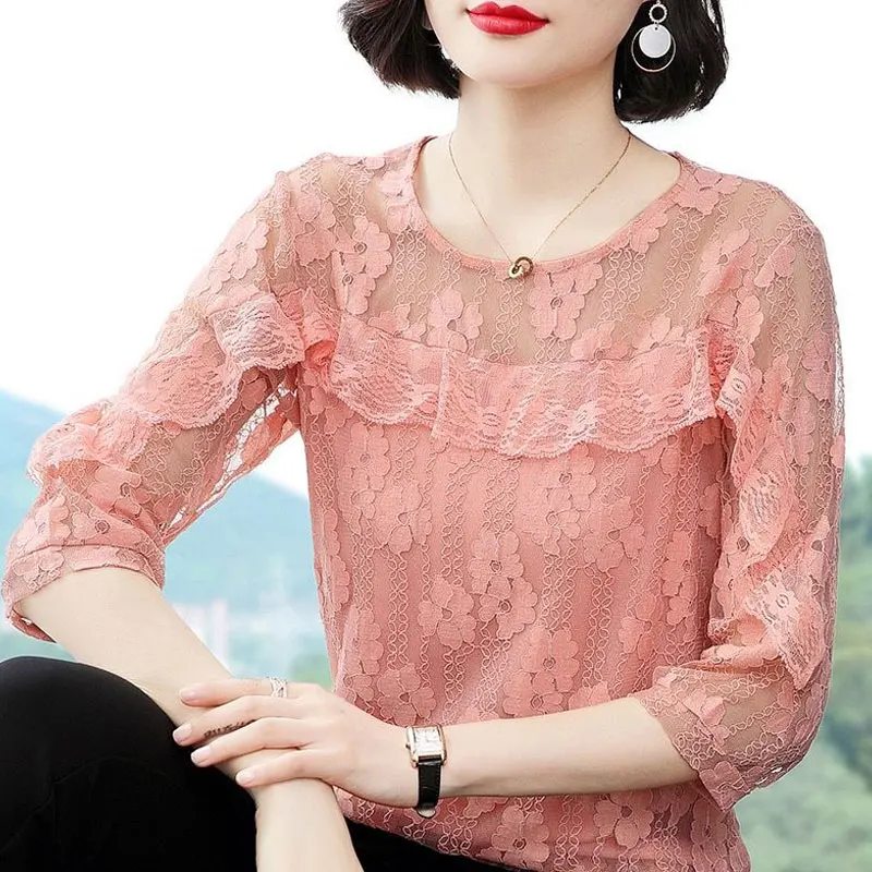 Fashion Elegant Lace Hollow Out Blouse Female Clothing Casual Sweet Ruffles Patchwork Summer 3/4 Sleeve Solid Color O-Neck Shirt