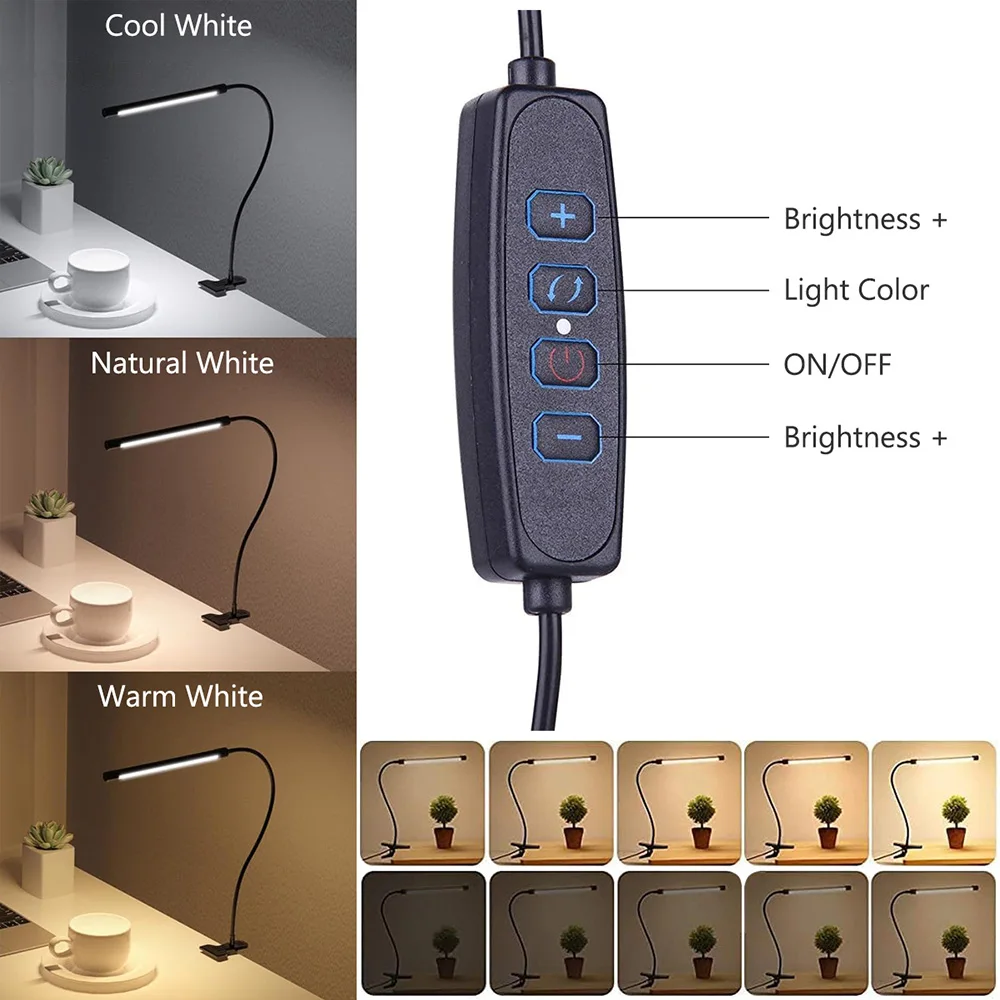 LED Desk Lamp with Clamp USB Dimmable 3 Modes 10 Brightness Gooseneck Swing Arm Architect Task Table Lamp Reading Clip on Light