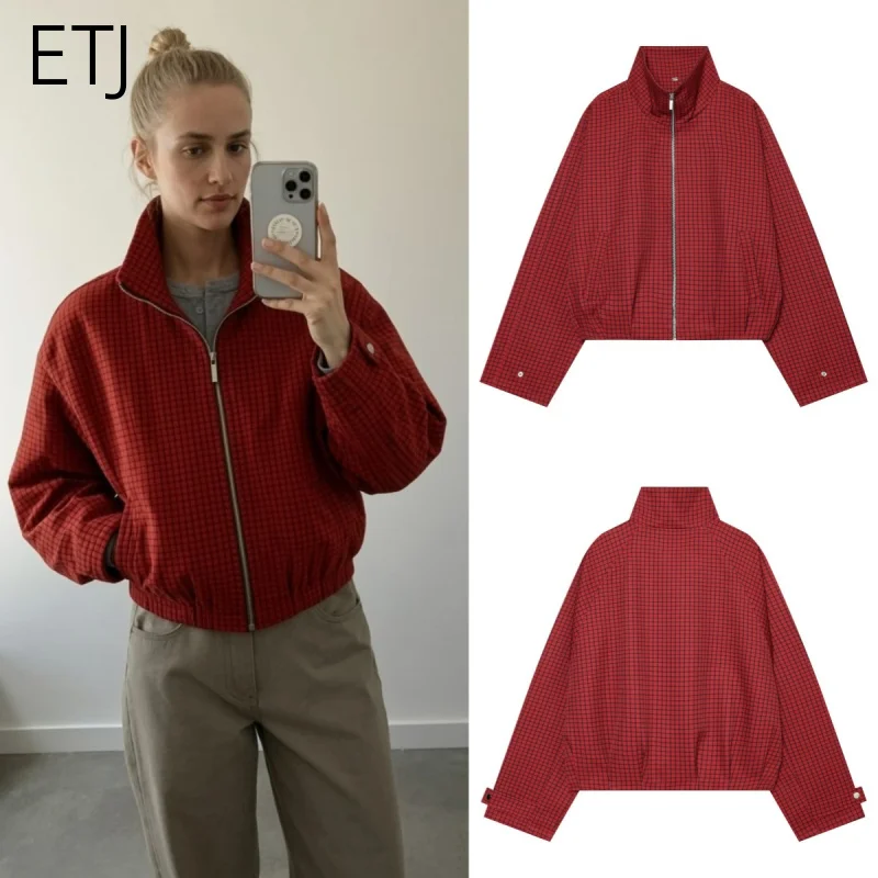 Chaqueta Harrington Roja a Cuadros para Mujer ETJ 2026, Corta, Oversize, con Cuello Alto y Cierre de Cremallera, Estilo Vintage, Ropa de Calle