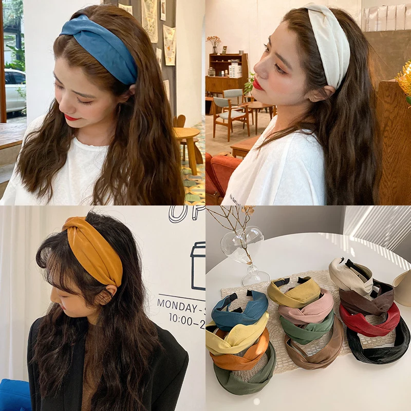 New Fashion solid color headbands Retro Leather Ultra-wide Cross Hairbands Women Simple Wash face Hair Hoop Hair Accessories