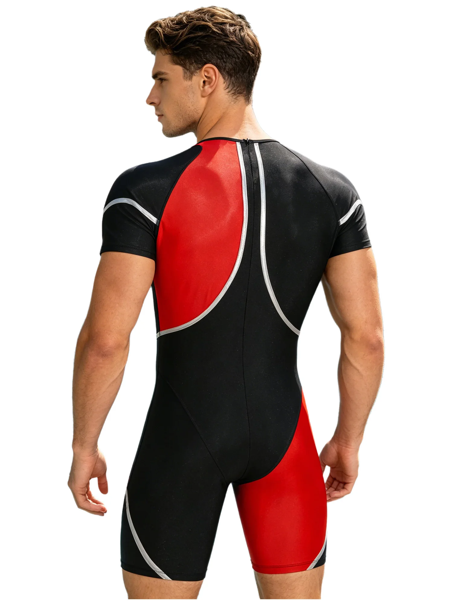 Mens Swim Leotard Short Sleeve Scuba Diving Suit Metallic Trim Jumpsuit Thigh Length Swimsuit Surfing Sunproof One Piece