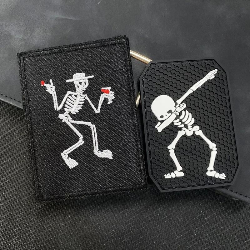 Dancing Skeleton Embroidered Hook and Loop Patch Social Skull Emblem Patches Punk Rock Morale Badge Tactical Backpack Stickers