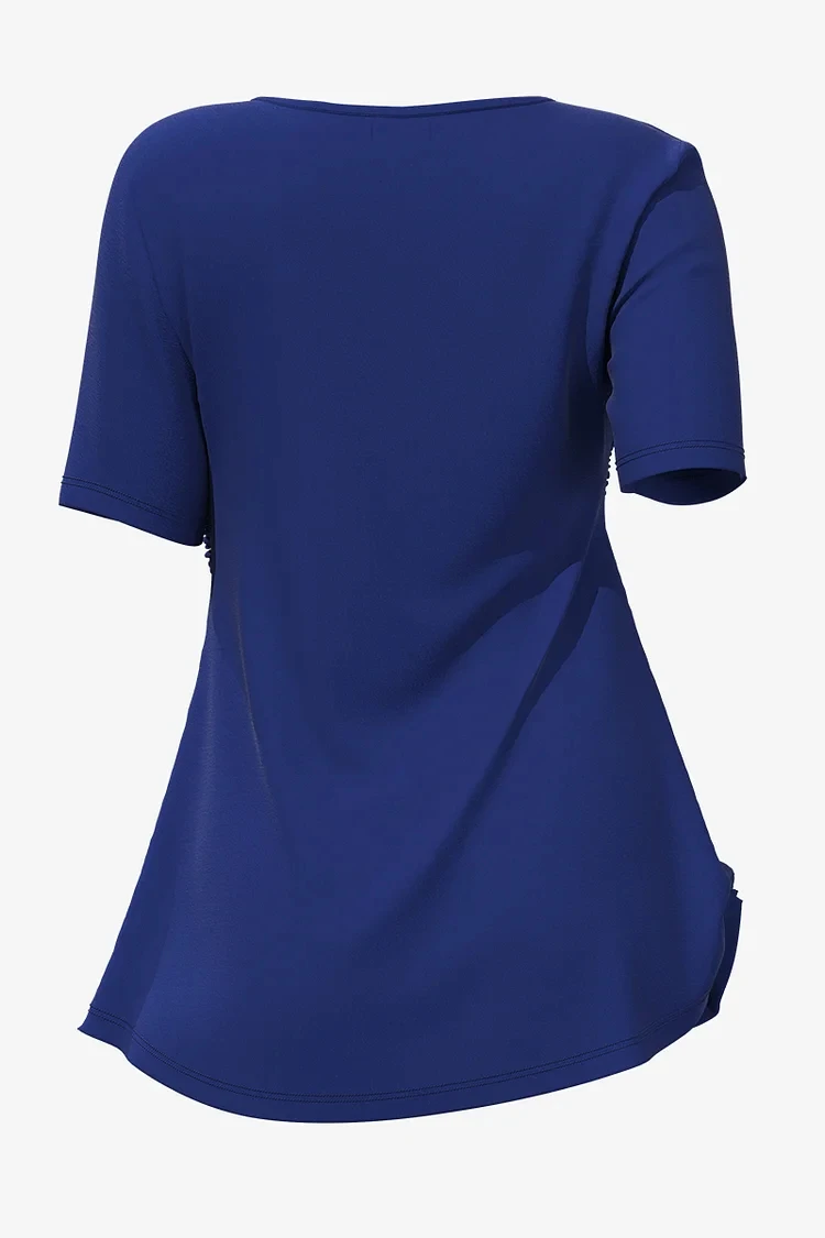 Flycurvy-Blusa Plissada Azul Escuro Casual, Envoltório Cruzado, Túnica com Decote V, Plus Size, Blusa