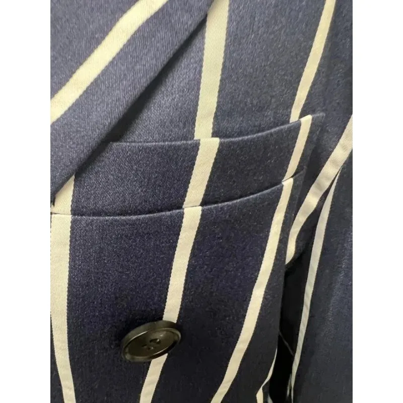 Conjunto de 2 piezas para hombre, Blazer informal a rayas con cuello vuelto, doble botonadura, traje de trabajo y uso diario