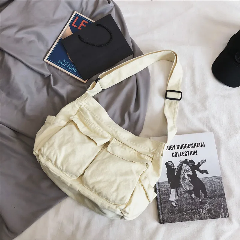 Women Canvas Crossbody Bag Large Capacity Workwear Shoulder Bag Literary Style Student Backpack For College Girls