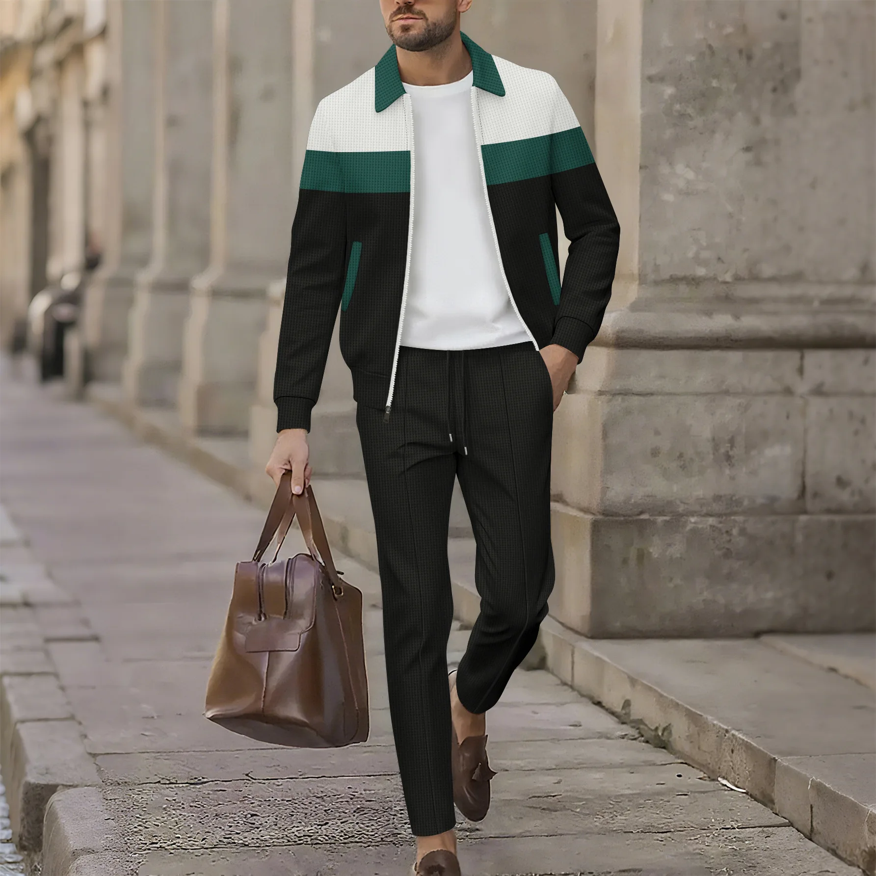 Spring/Autumn Men's Casual Sport Jacket Set - High-Quality Multi-Color Zippered Pockets, Collarless, Slim-Fitting Cardigan