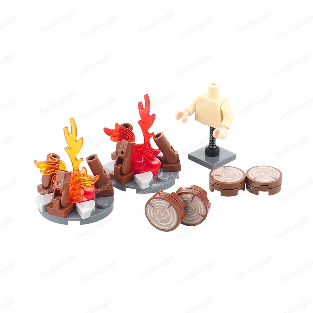 Miniatur Feuer Brennen Baustein Montage MOC Figuren Ausrüstung Camping Holz Stakes Stuhl Szene Passenden Modell Geschenk Junge Spielzeug