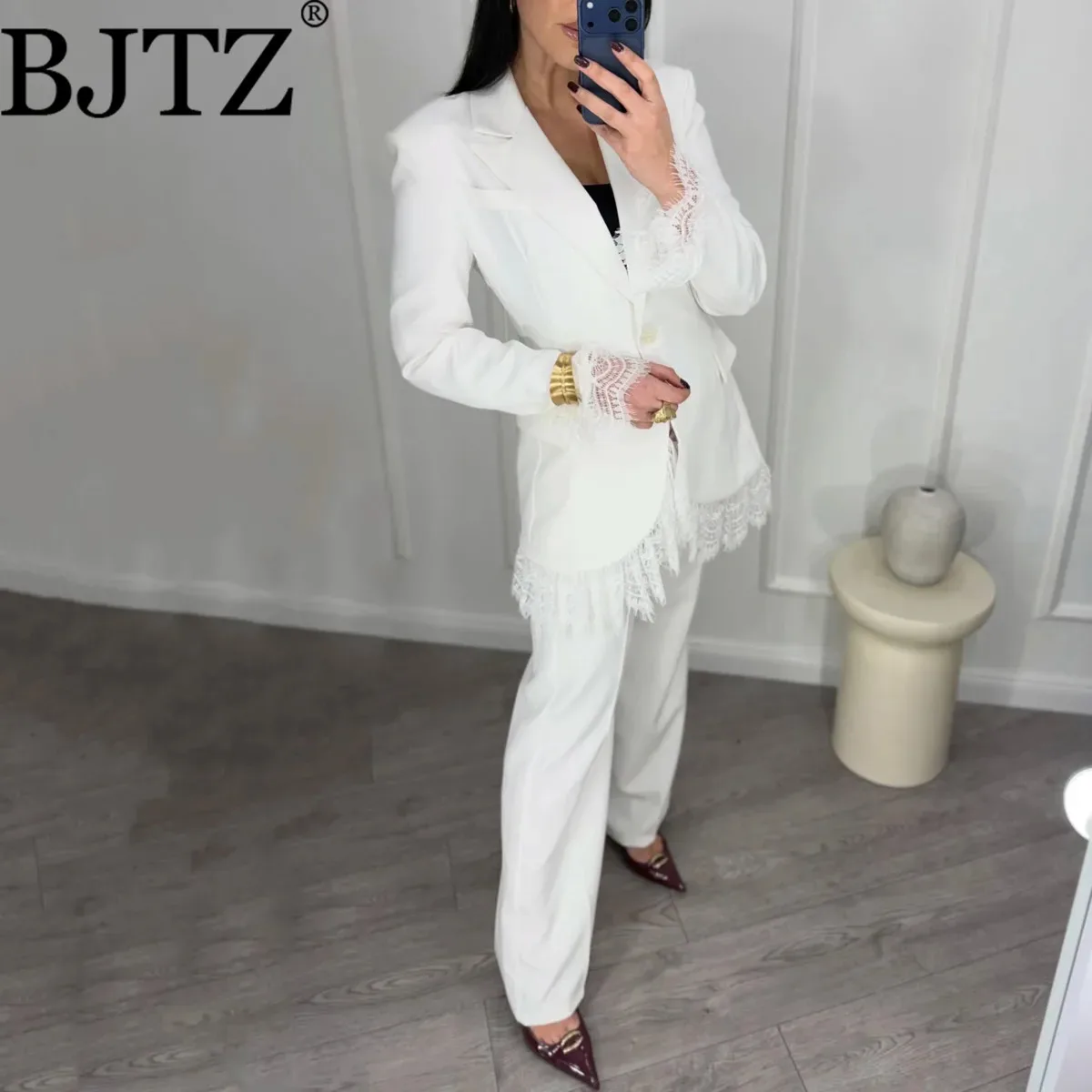 

BJTZ 2026 Women's Black White Blazer With Lace Trim Long Sleeve Notched Lapel Single Button Casual Formal Party Wear