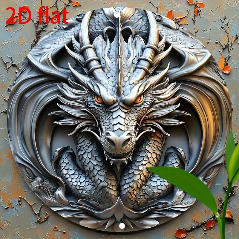 2D Flat - 1pc 2D Flat Metal Iron Signage Featuring Vintage Dragon Wall Art, Measuring 8.0X8.0 inch. This Round Metal Sign Has a