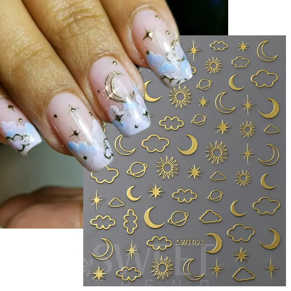 Metallic Silver Stars Nail Stickers 3D Gold Clouds Moon Sun Planet Self Adhesive Gel Polish Manicure Sliders Decoration BESW-TN