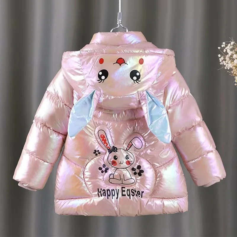 2025 Winter Jacket For Girls Coat Cute Rabbit Ears Waterproof Shiny Hooded Children Outerwear 1-6 Year Baby Kids Parkas Snowsuit