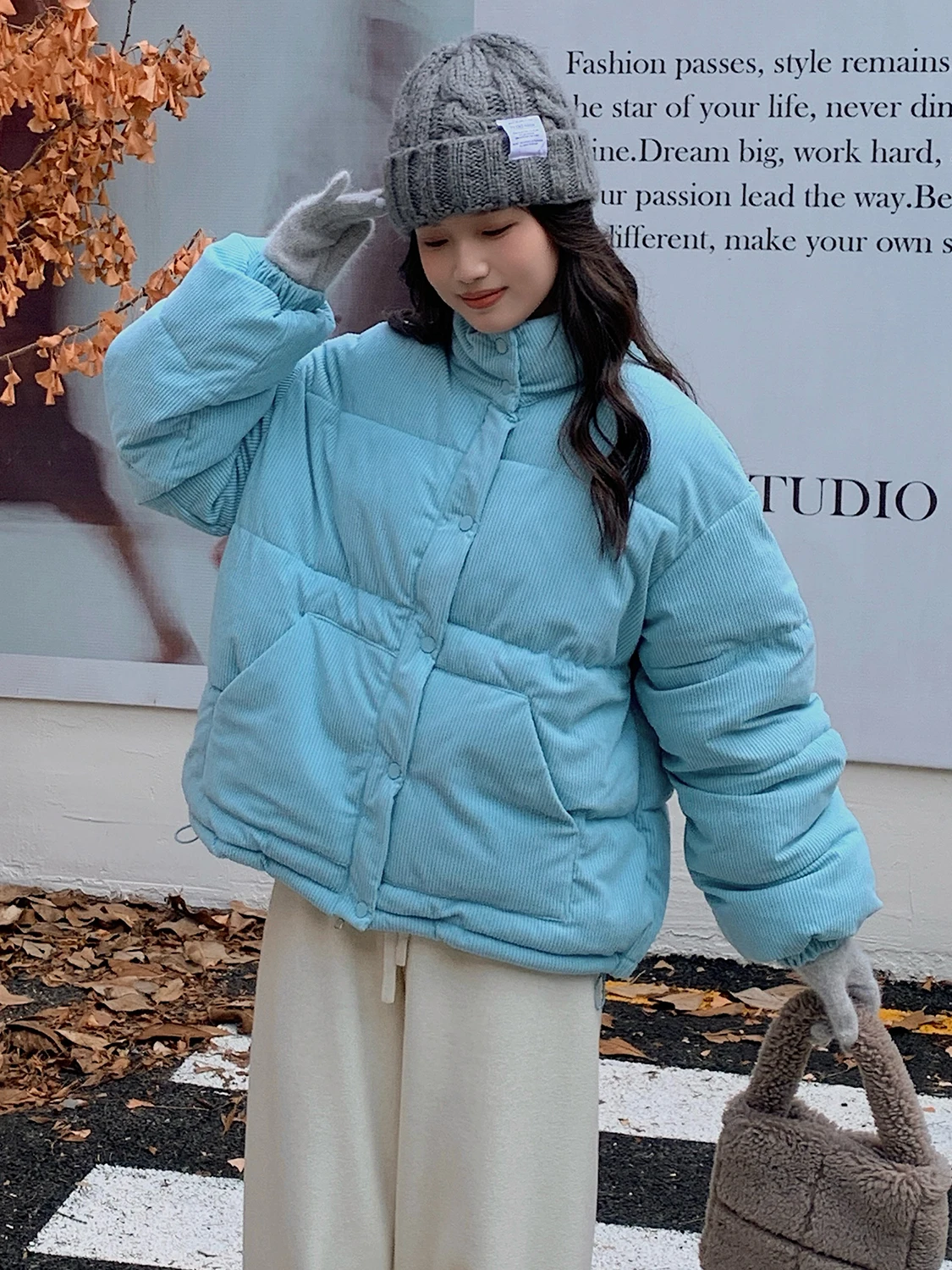 

Cute Loose Bread Sle Jaet Women's Korean Retro Corduroy ort Stand Collar Cotton Coat Faionable Cotton Clothing