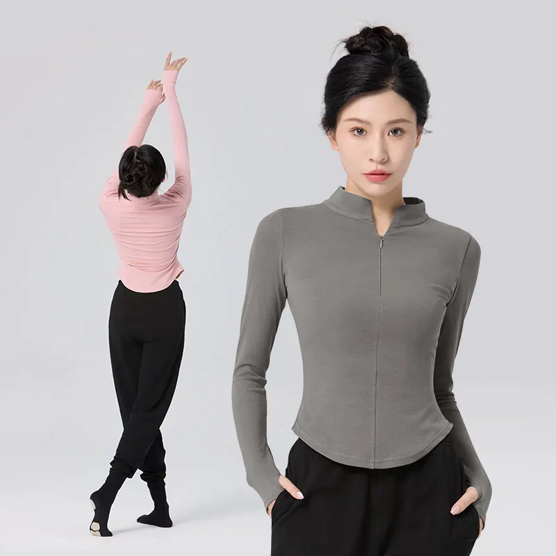 Woman Ballet Tops Stand Collar Dance Shirt Tops with Zipper Ballet Jacket Coat Cotton Long Sleeve Close-fitting Fitness Tops
