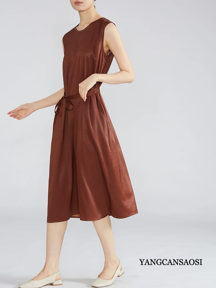 Light Luxury Heavy Weight 35MM 90% Natural Mulberry Silk Fragrant Cloud Yarn Women's Reddish Brown Sleeveless A-line Dress