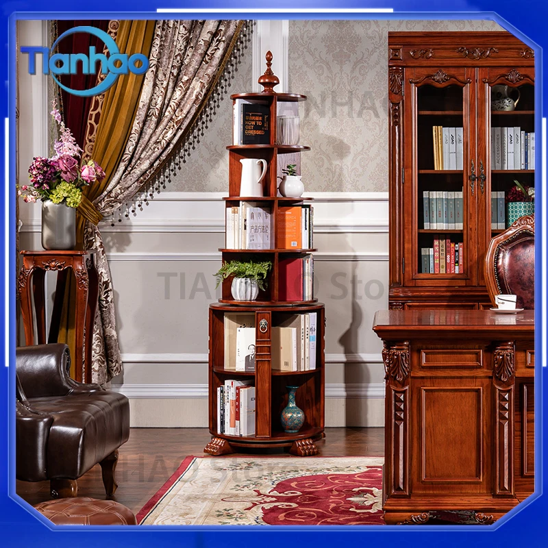 6-Tier Luxury American Style Rotating Bookcase for Home Office Living Room European Classical Solid Wood Bookshelf