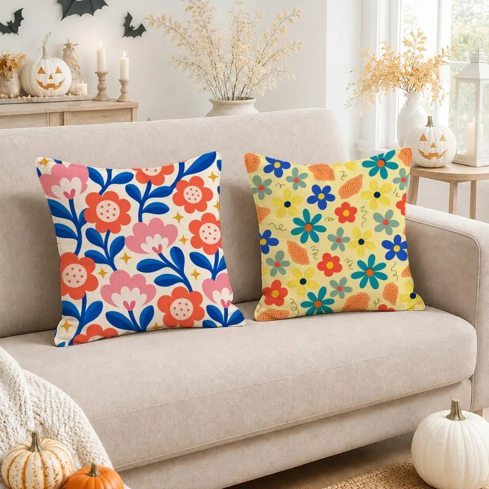 Dopamine Floral Art Cushion Cover Linen Double-Sided Printed Pillow Case for Sofa Couch Bedroom Living Room