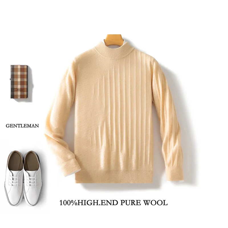 ฤดูใบไม้ร่วงฤดูหนาวใหม่ขนสัตว์บริสุทธิ์ 100% ผู้ชายหลวมกึ่งสูงสีทึบเสื้อกันหนาวธุรกิจถัก Bottoming เสื้อ