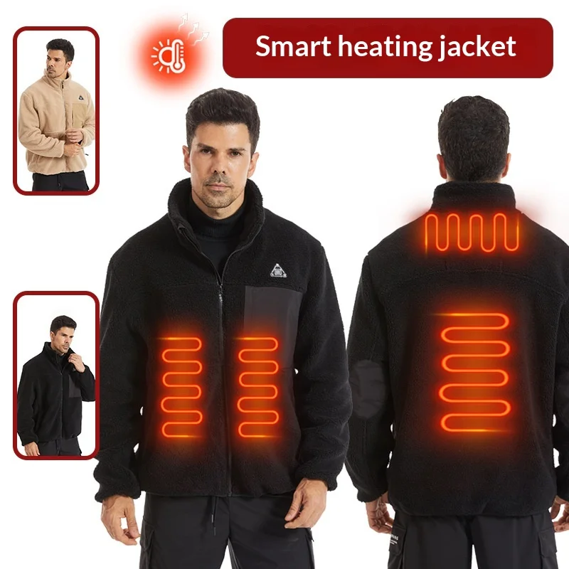 Men's Winter USB Electric Heated Fleece Jacket with 4 Heating Zones and 3 Adjustable Temperature Levels Warm Outdoor Heated Coat