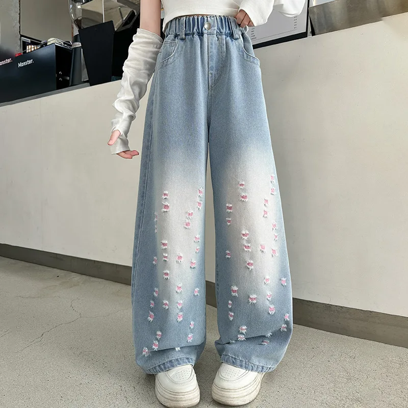 

Junior Girls Straight Leg Pant Autumn Korean Children Girls Contrast Color Ripped Jean Kids Girls Loose Elastic Waist Trousers