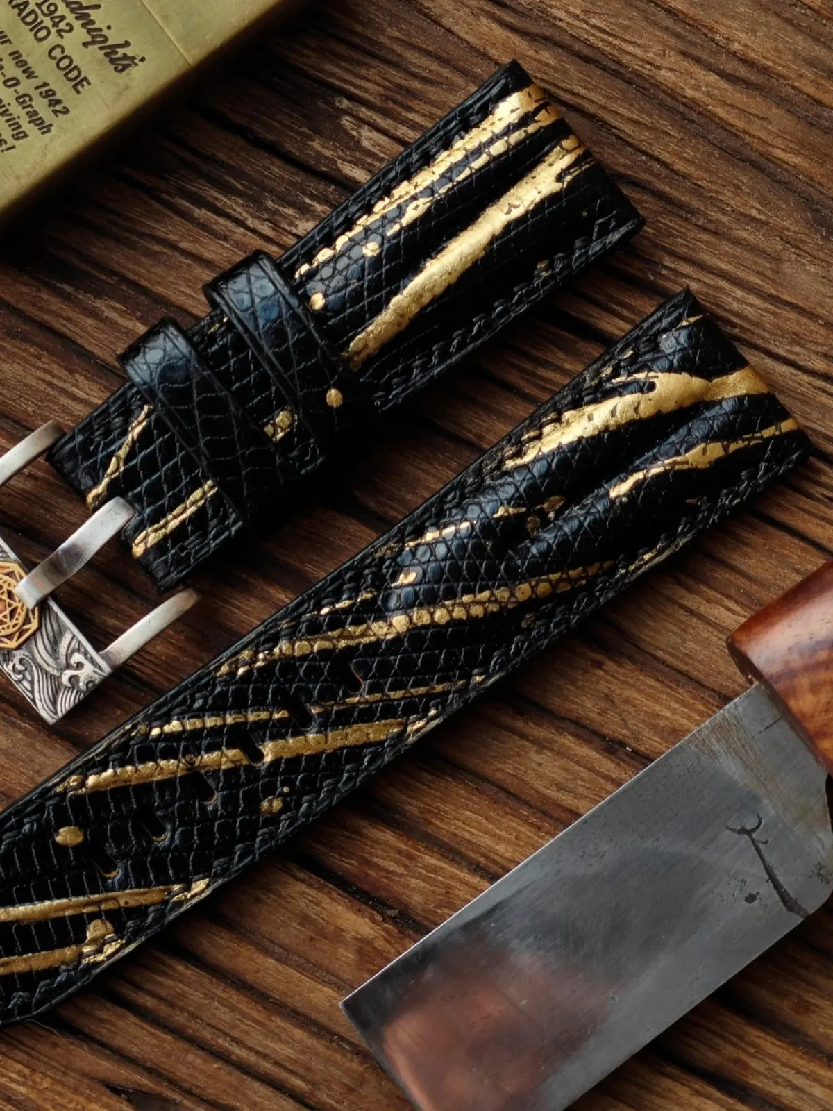 HANDMADE CUSTOM SPANISH GOLD-SPATTER LIZARD SKIN, SWORD-SHAPE, WATERPROOF, SWEAT-RESISTANT, PADDED PIN BUCKLE WATCH STRAP