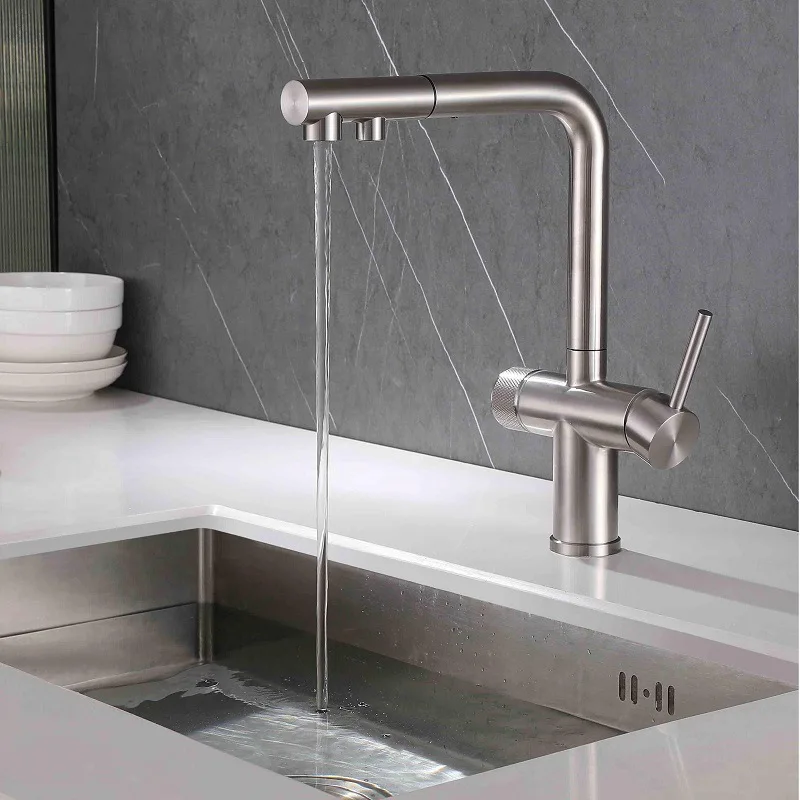 304 Stainless Steel Pull Out Filter Kitchen Faucet Drinking Water Kitchen Tap Dual Handle Hot and Cold Water Mixer Sink Tap