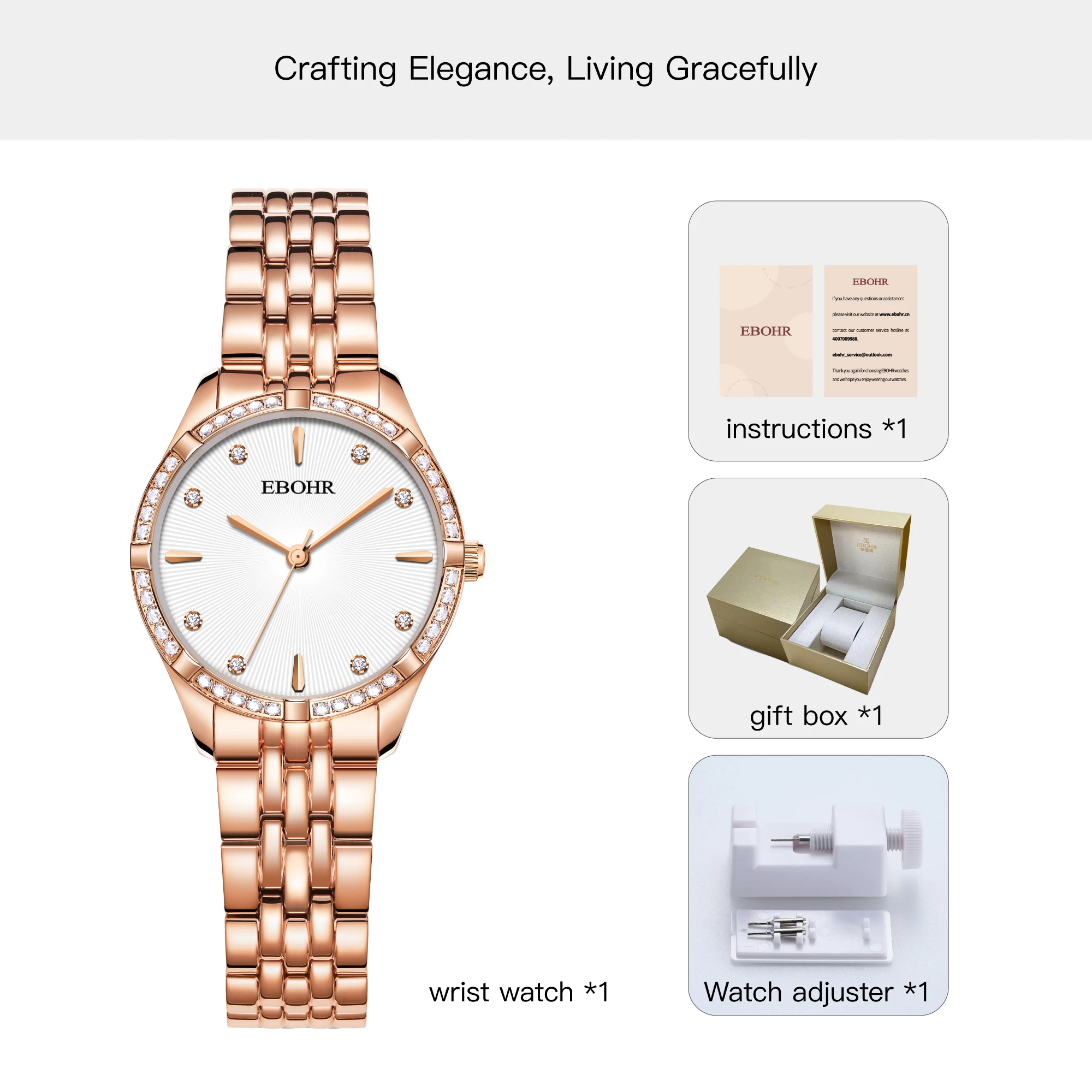 Fashion Women Luxury Diamond Bracelet Rose Gold Ladies Japan Quartz Watch waterproof Wristwatch EBOHR Shiny Crystal Reloj Mujer