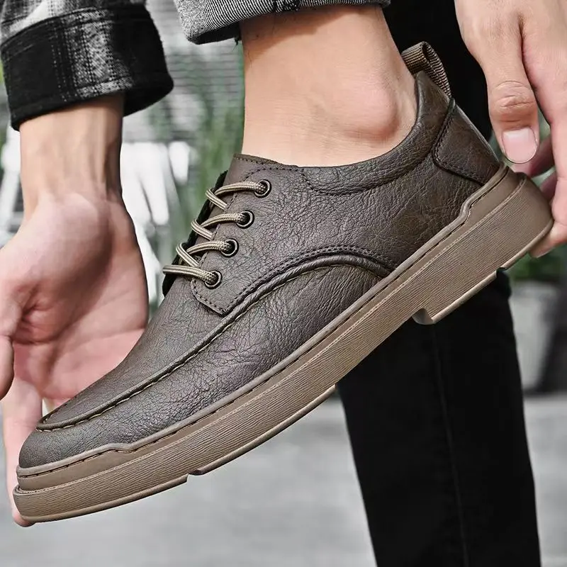 

Мужская весенне-осенняя новая кожаная повседневная обувь с мягкой подошвой, нескользящая низкая верхняя обувь с круглым носком на шнуровке, деловая повседневная обувь, рабочая обувь