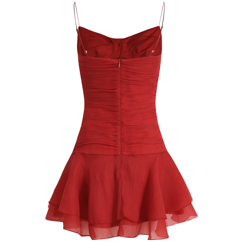 French Hepburn Style Sexy Sleeveless Backless Ruffles Lace-up Slim Fit Dress Seaside Vacation Red Sling Short Dress Women Summer