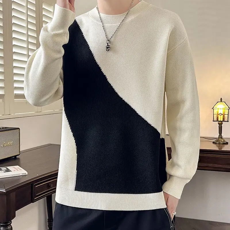 

Autumn Winter New Men Sweater O-Neck Patchwork Contrast Color Korean Trend Fashion Warm Pullovers Long Sleeve Knitted Tops