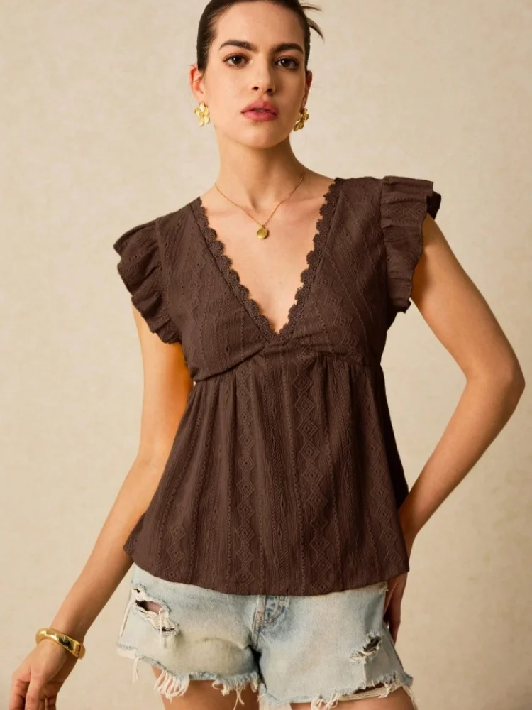 

French Style Sweet Girl Lace Ruffle Tops for Woman Clothes Ruffle Sleeve Hollow Out Eyelet Embroidery Blouse