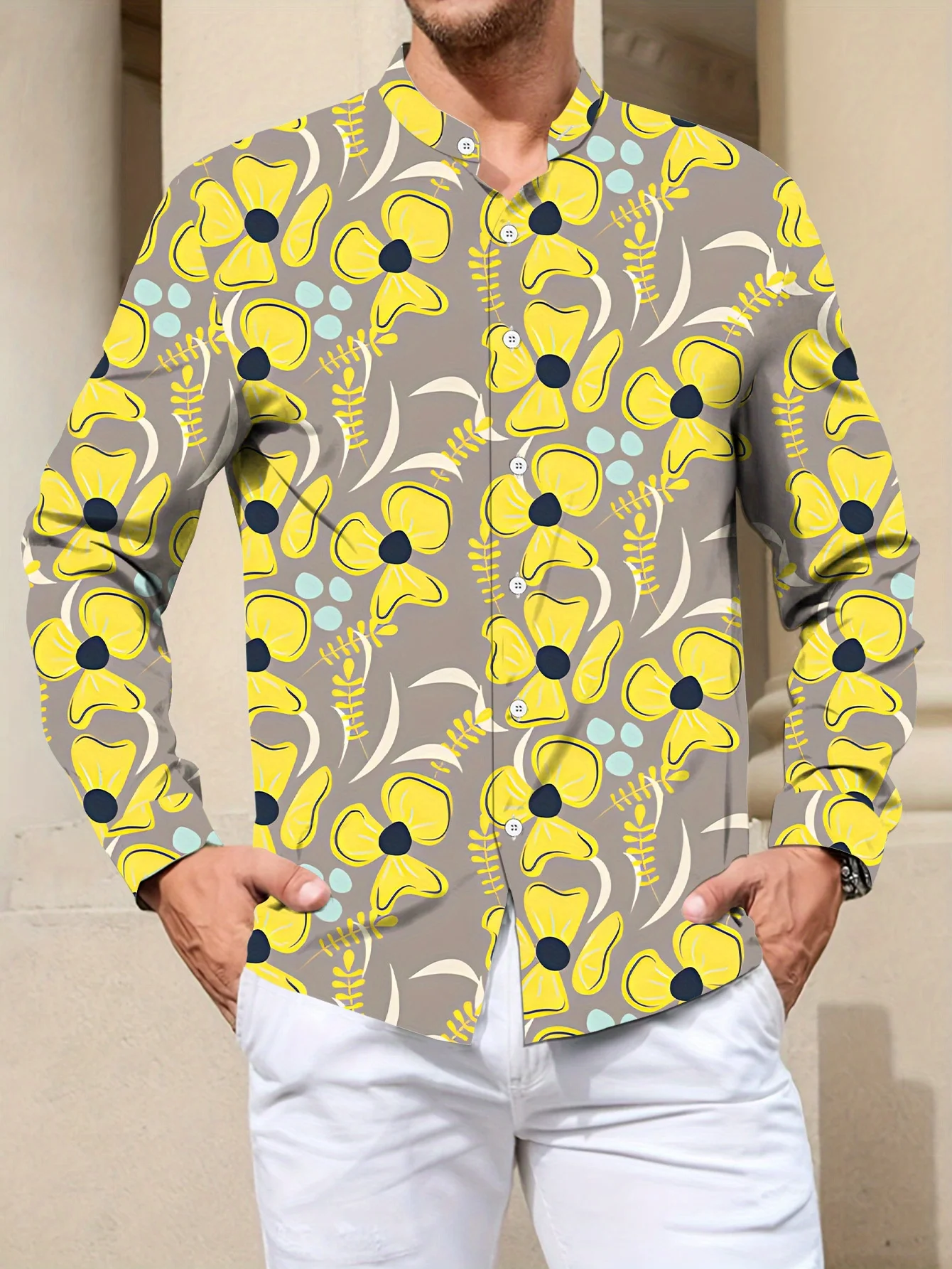 

Men'S Stylish Long Sleeve Print Button-Up Shirt - Vibrant Floral & Geometric Design 2025