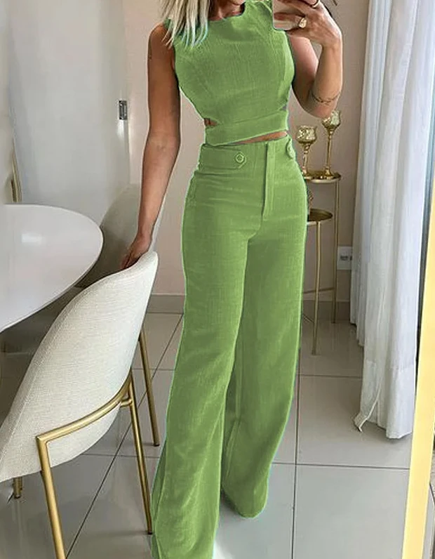 Two Piece Sets Womens Outifits 2024 Summer New Fashion Casual Round Neck Sleeveless Slim Top & Elegant Button Design Pants Set