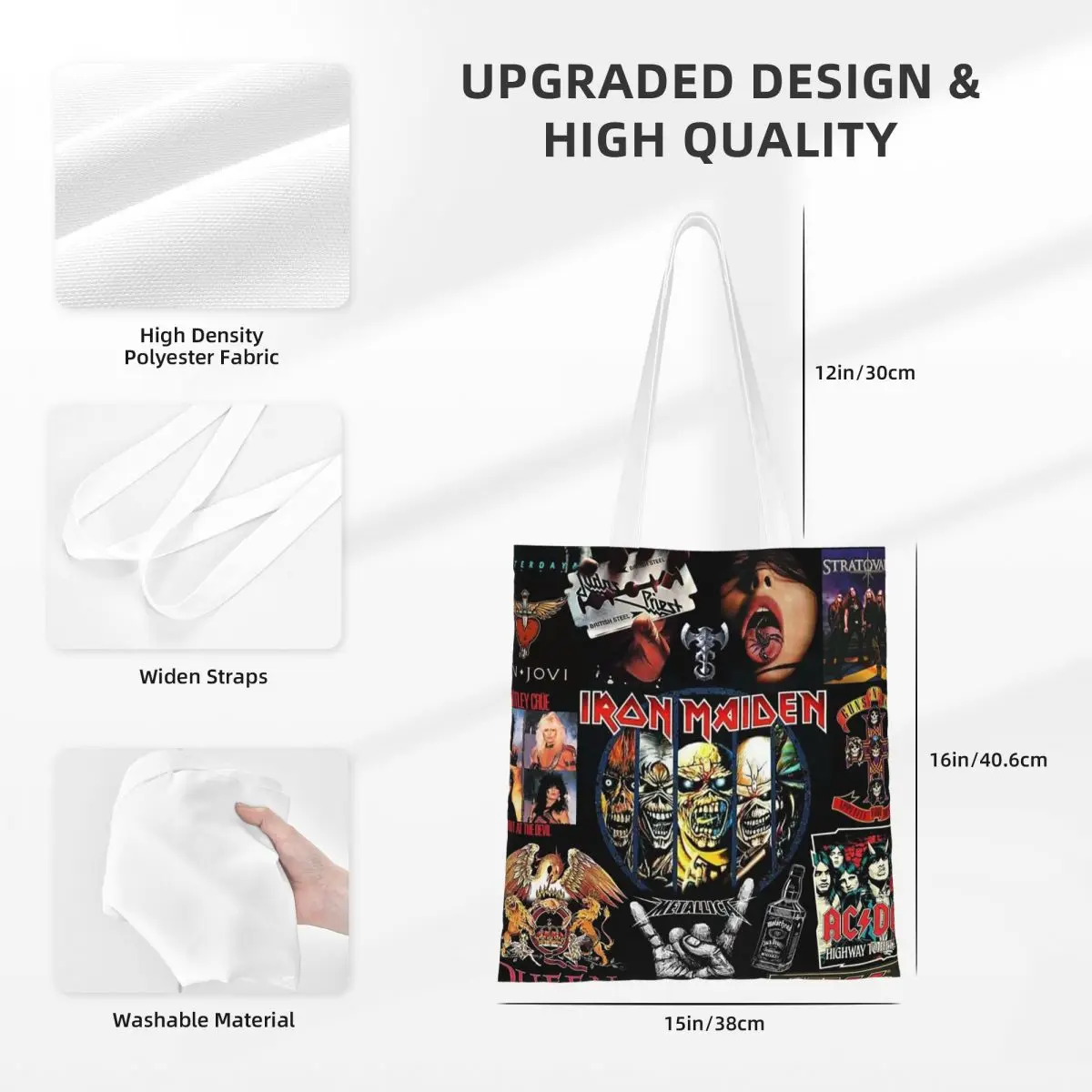 Tas Belanja AC DC Heavy Metal Tas Kanvas Wanita Tas Tote Tas Tangan Travel Bahu Anak Perempuan Yang Dapat Digunakan Kembali