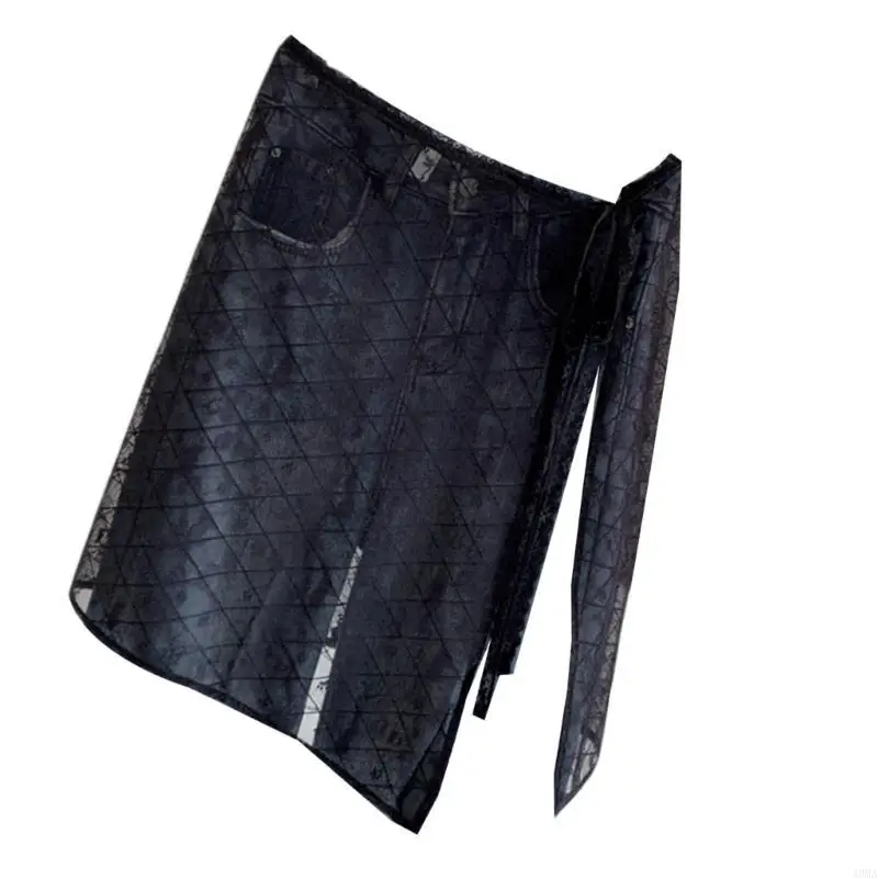 

Retail/Drop Shipping Women See Through Midi Half Apron Skirt Cats Pattern Lace Sheer Mesh Hip Scarf