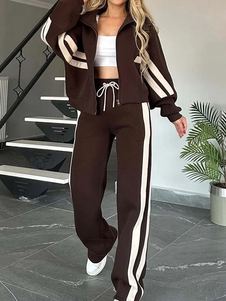 Long Sleeve Patchwork Fashion Outfit, Women Spring Autumn Wide Leg Pants Matching Sets, New Turn-Down Collar Simple Ladies Suits